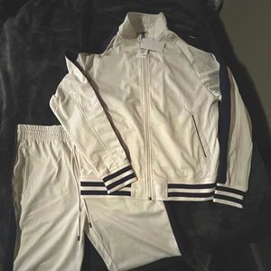 LCKR white sweatsuit with navy and red stripes